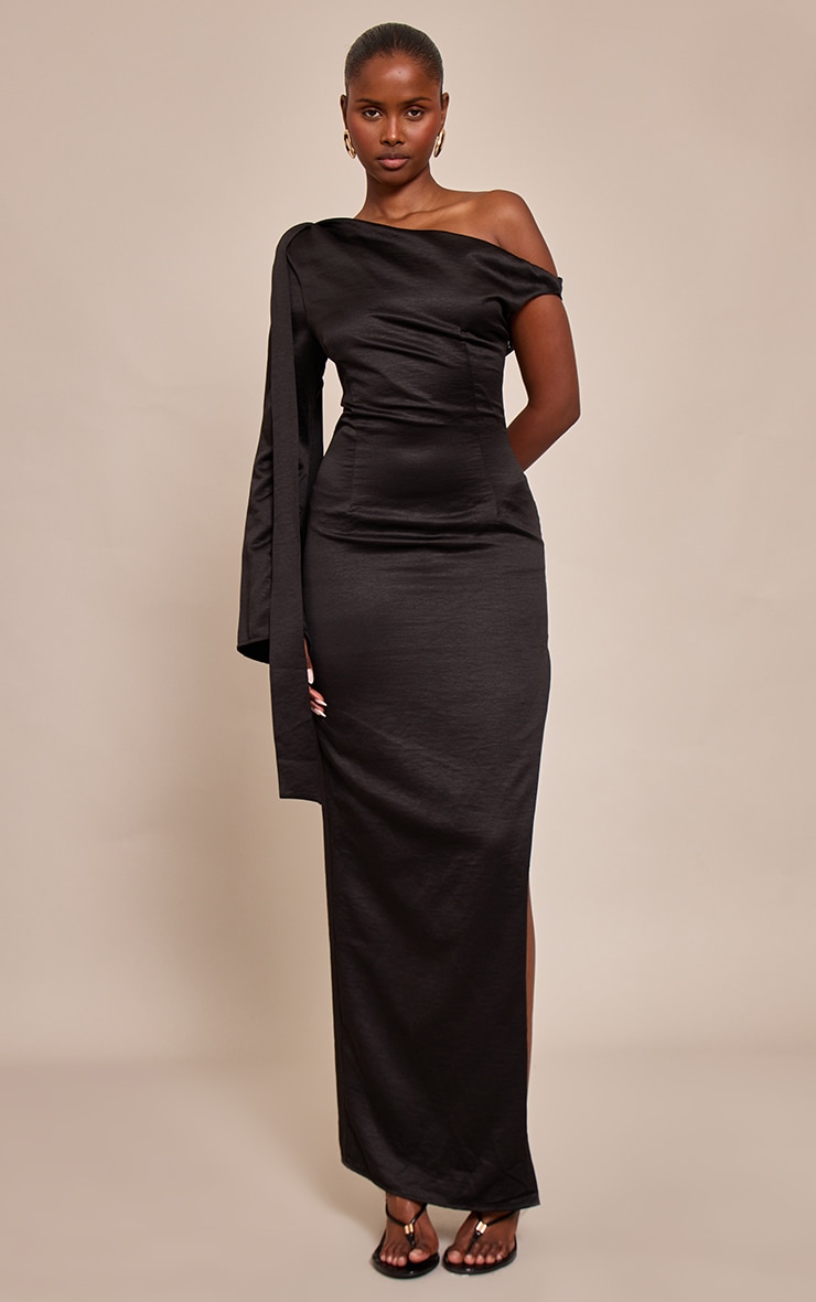 Black Textured Woven Tie Shoulder Midaxi Dress image 1