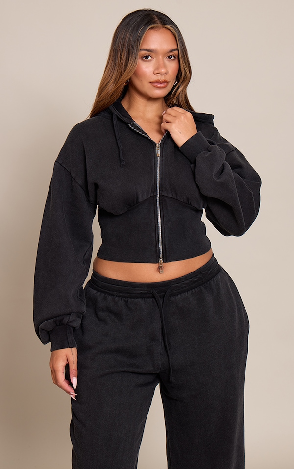 Shape Black Washed Zip Front Cinched Waist Hoodie