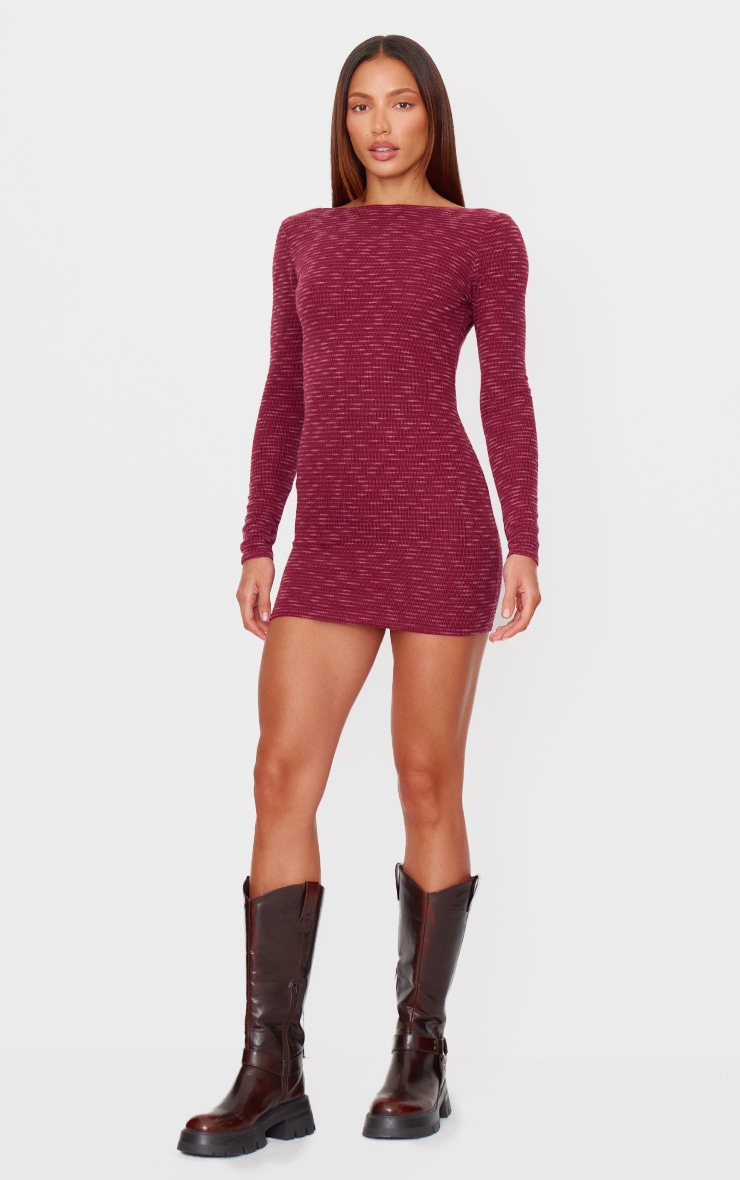 Burgundy Textured Scoop Back Long Sleeve Bodycon Dress image 3