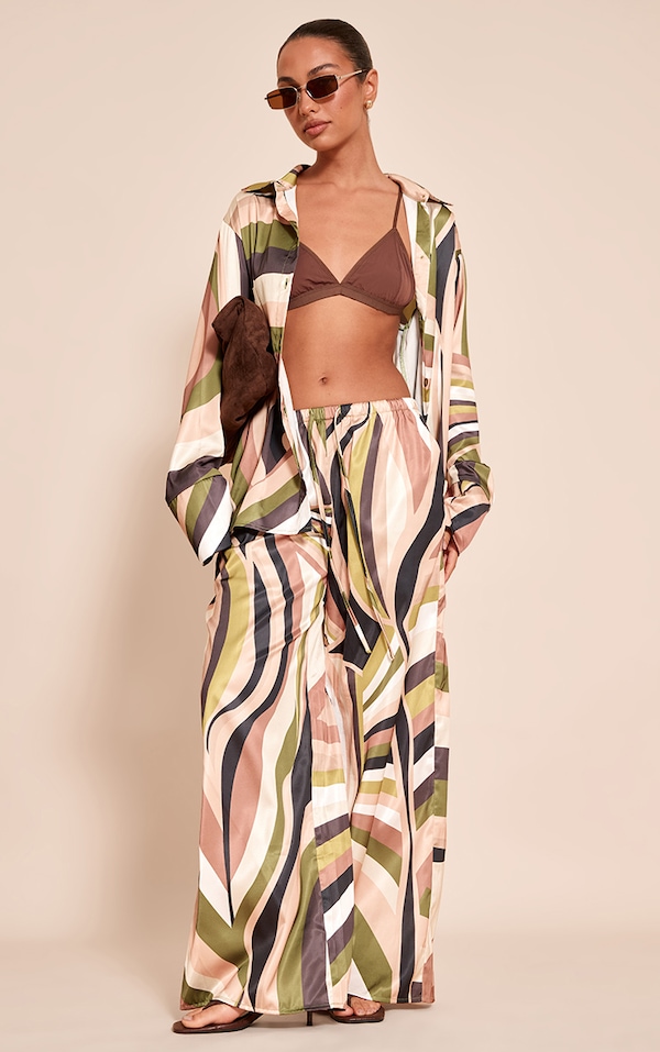  Green Abstract Print Drawstring Extreme Wide Leg Pant