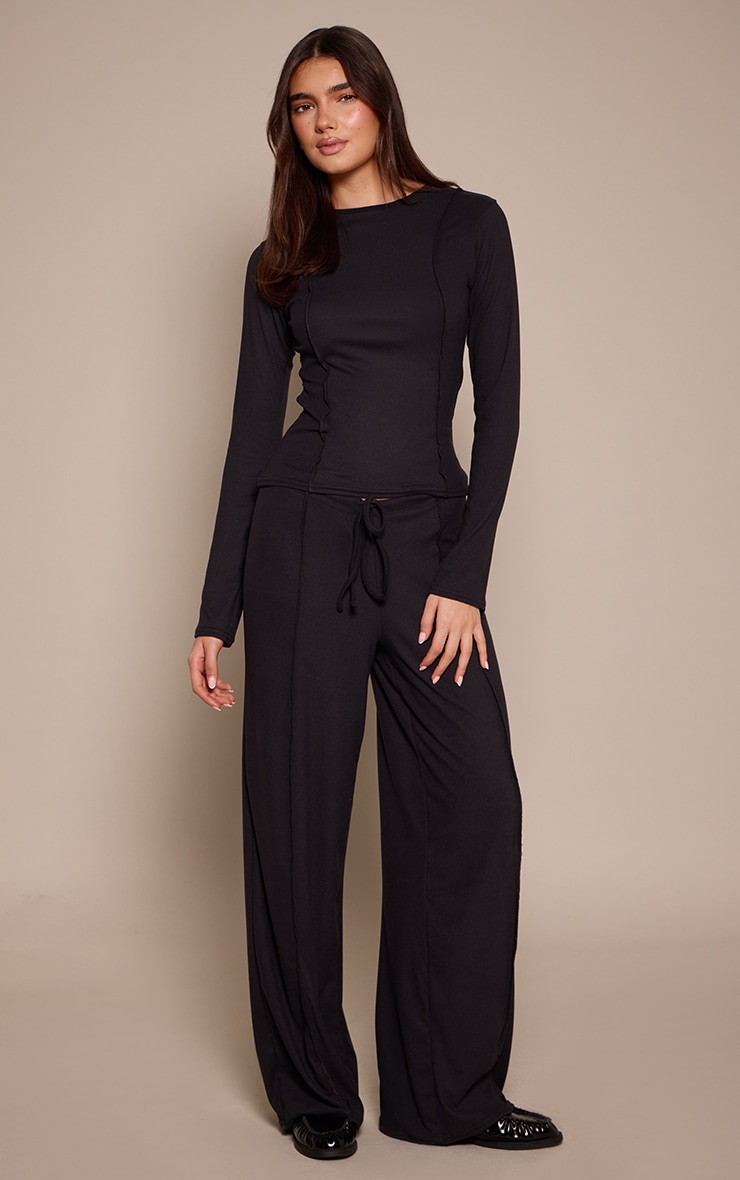 Black Seam Detail Cinched Waist Long Sleeve Top image 3