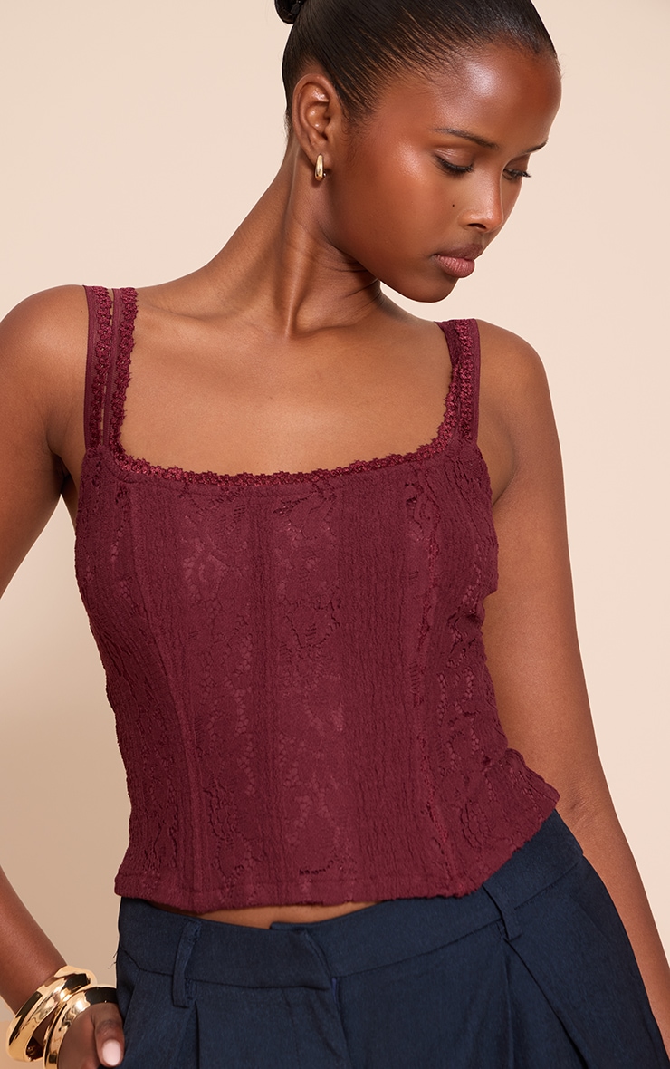 Wine Lace Detail Strappy Cropped Corset Top image 4