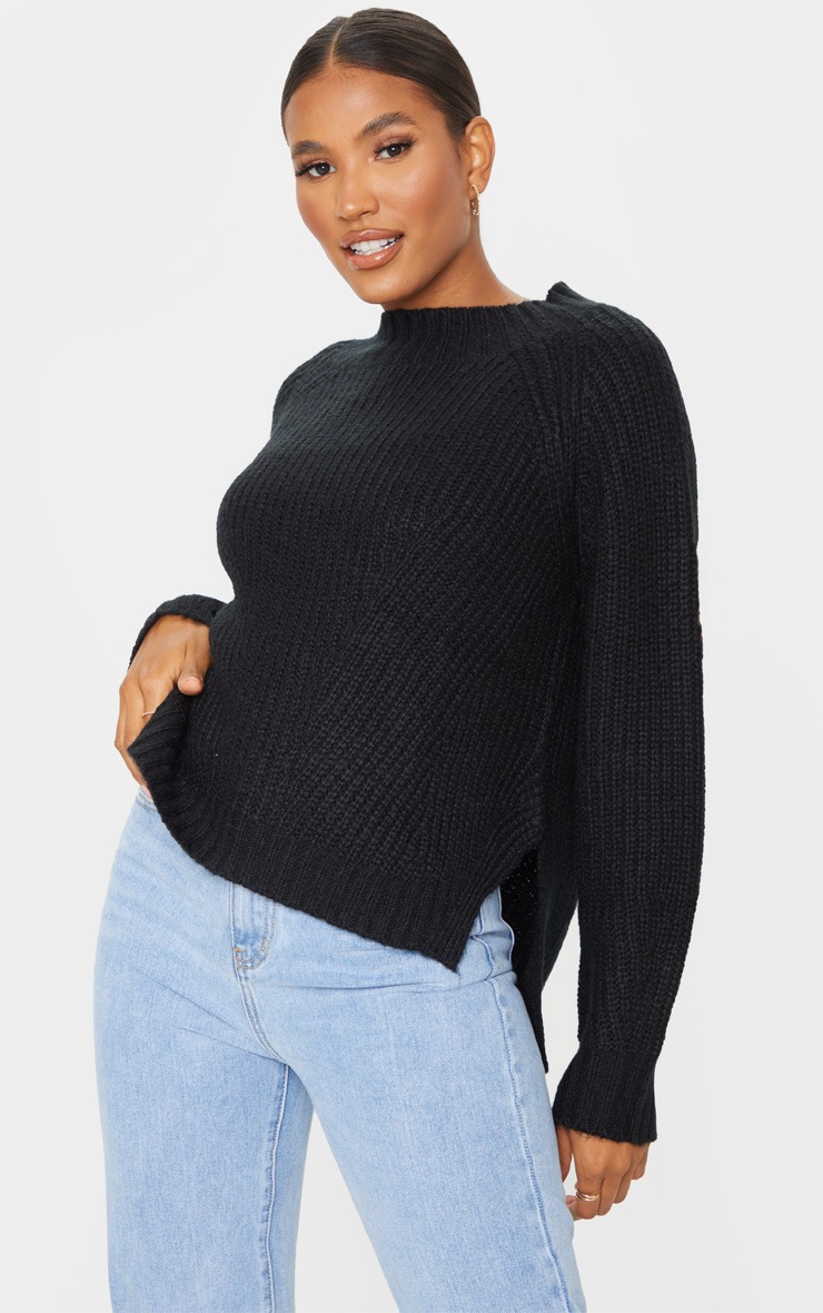 Black Soft Knit Balloon Sleeve Funnel Neck Jumper
