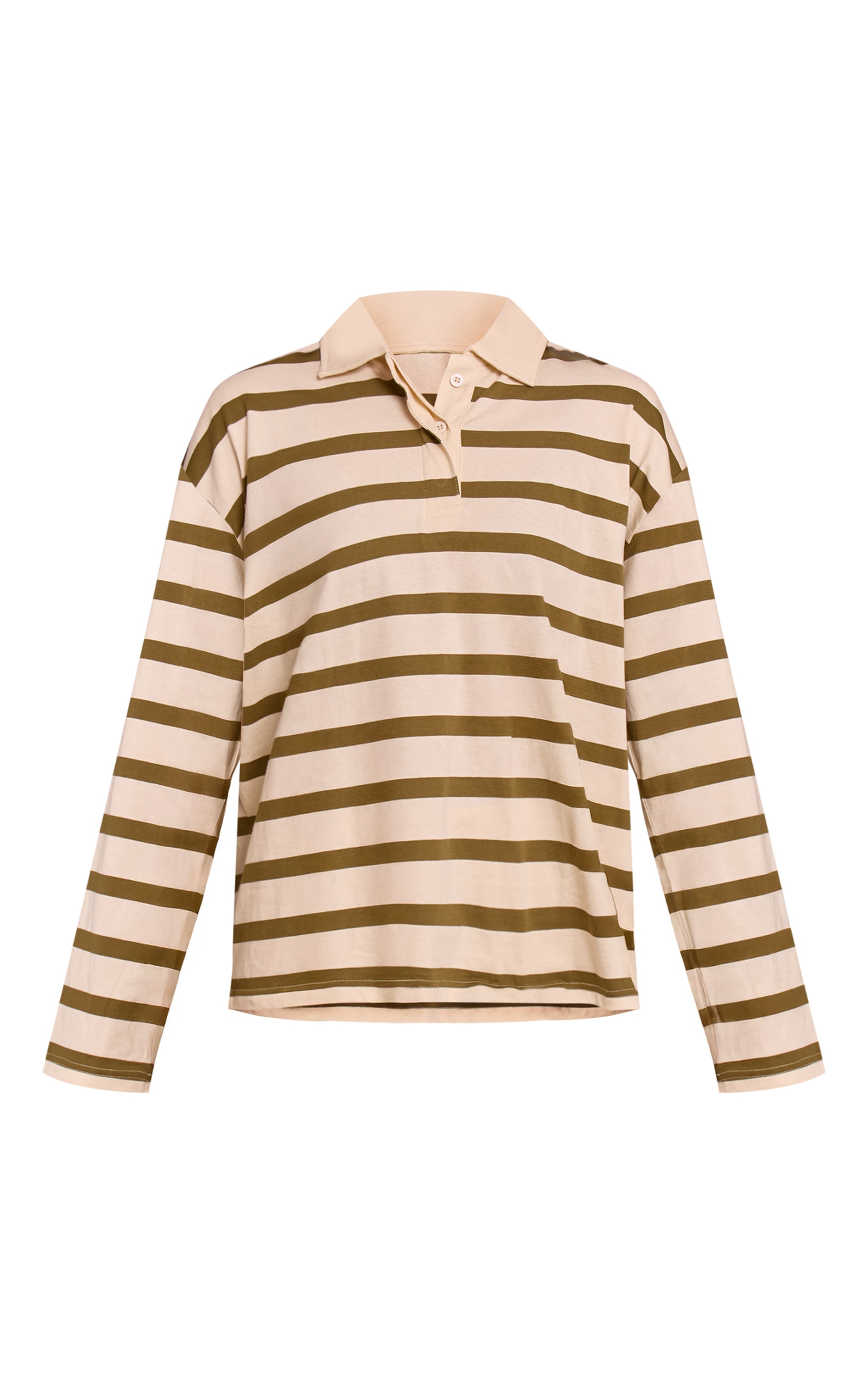 Sage Green Stripe Cotton Polo Collar Long Sleeve Top image 5
