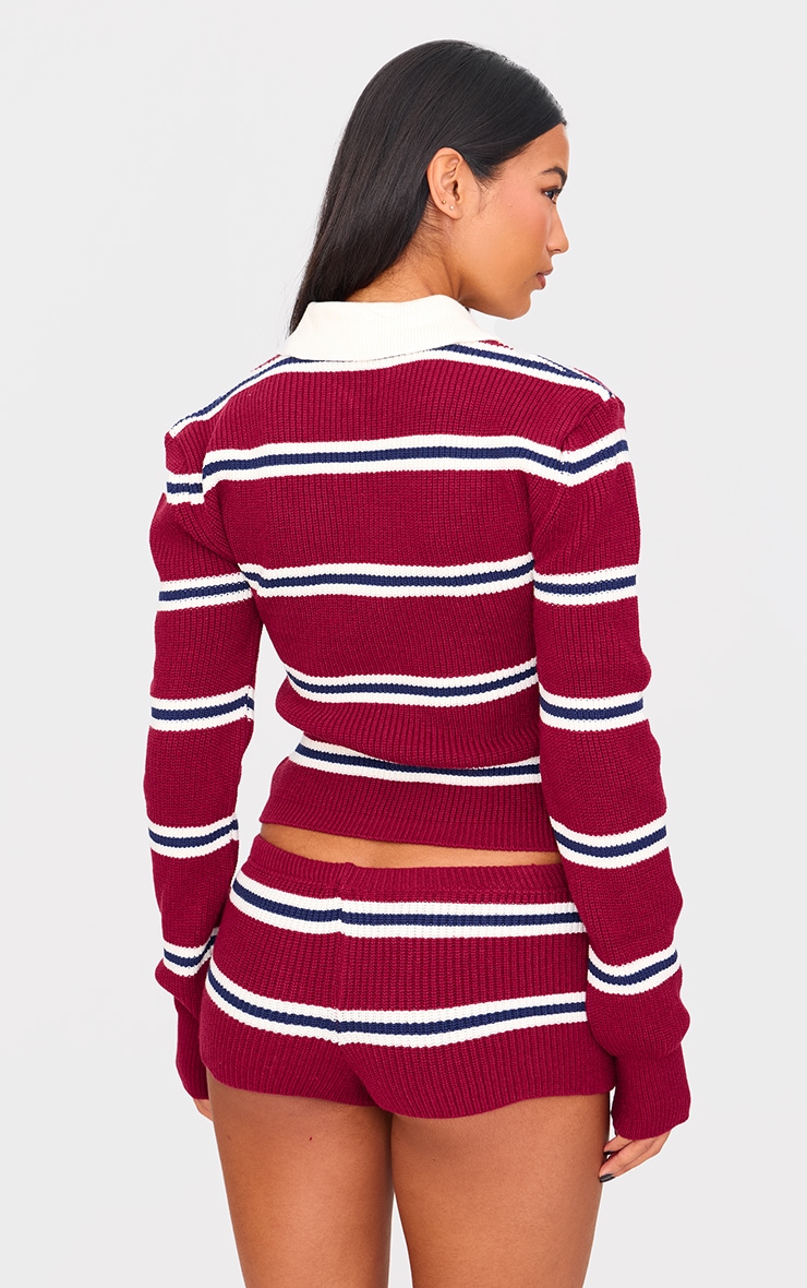 Burgundy Stripe Button Through Thick Rib Knit Rugby Shirt image 3