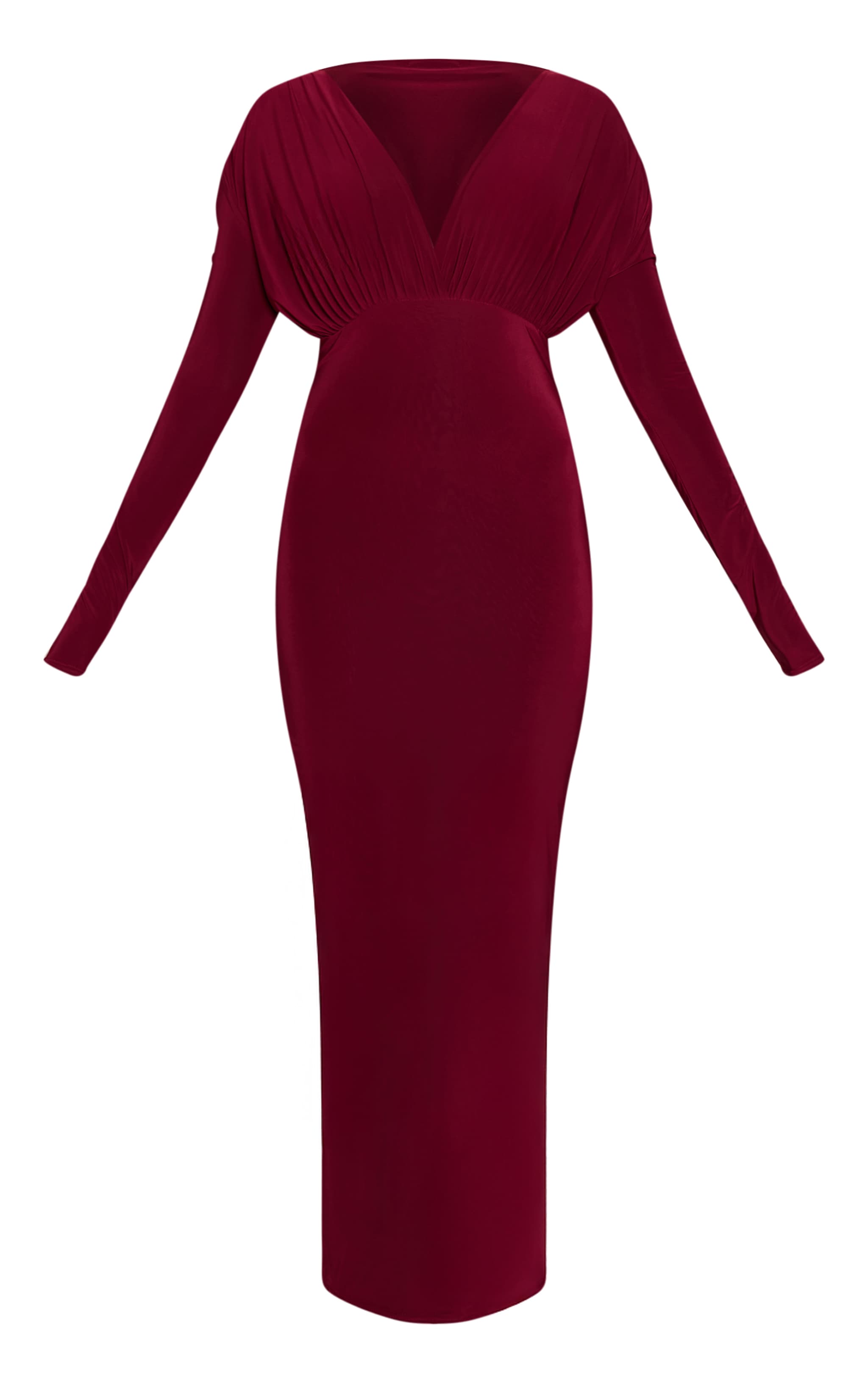 Burgundy Double Layer Slinky Plunge Long Sleeve Maxi Dress image 5