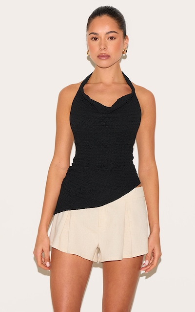 Black Textured Cowl Neck Asymmetric Hem Long Top