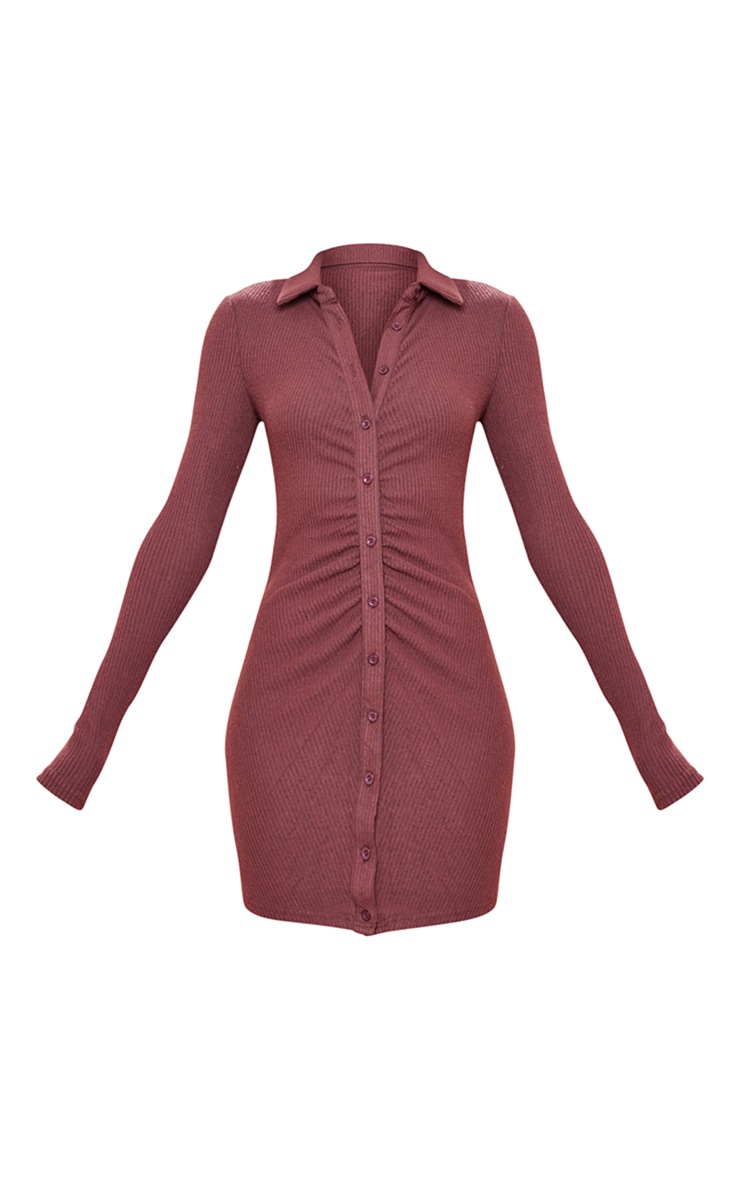 Chocolate Brushed Rib Long Sleeve Ruched Shirt Dress image 5