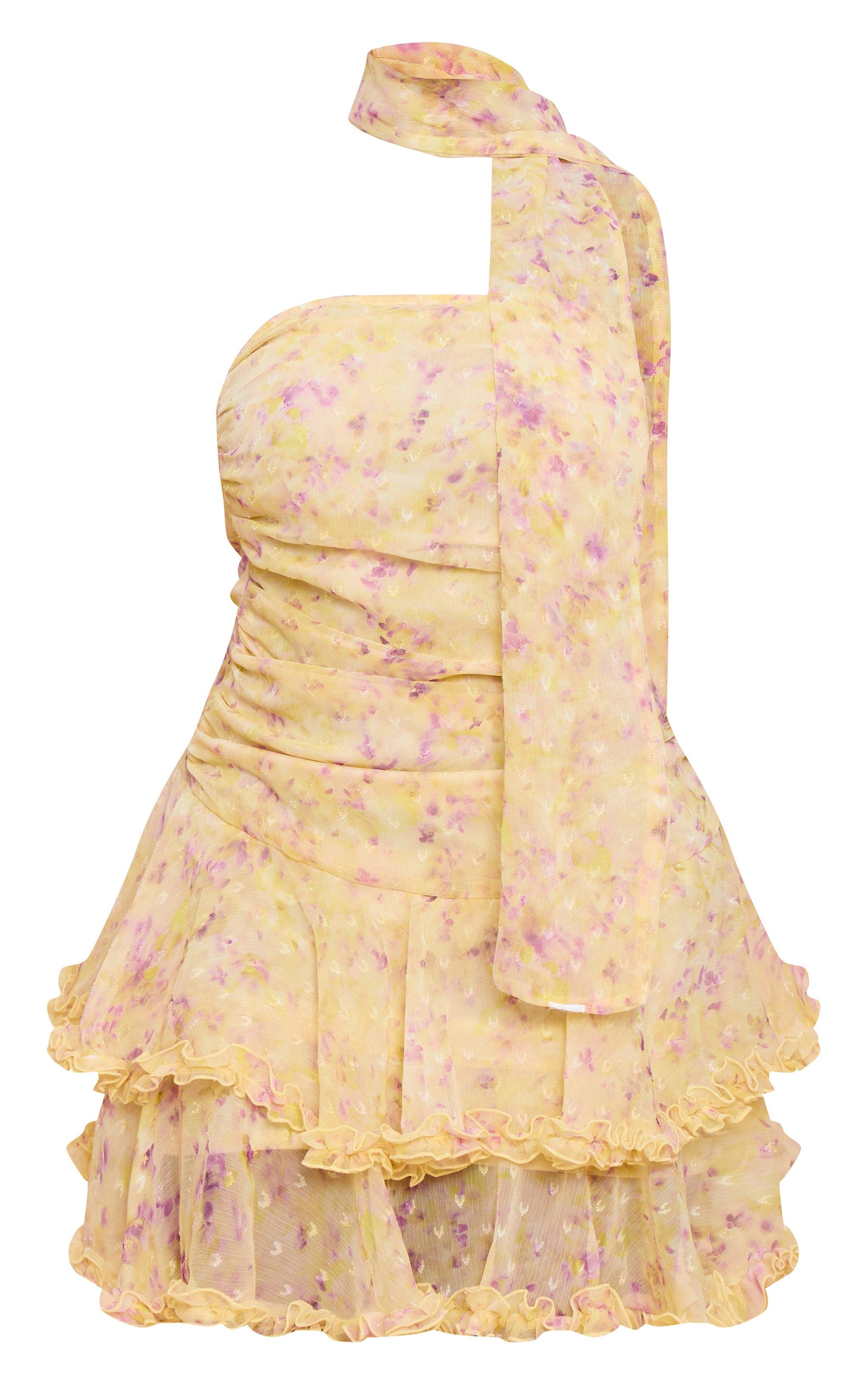 SHAPE Pastel Yellow Chiffon Ditsy Floral Print Tiered Frill mini Dress image 5