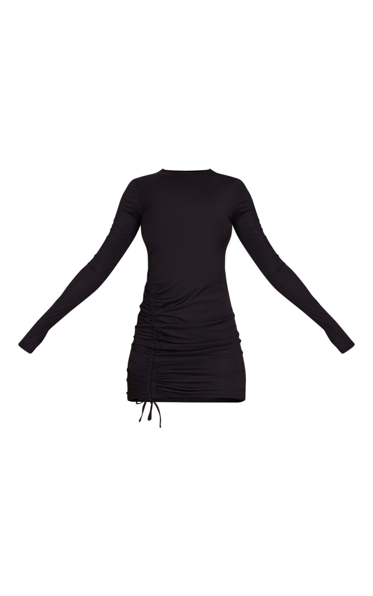 Black Rib Asymmetric Ruching Detail Bodycon Dress image 5