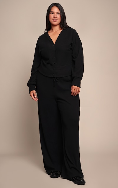 Plus Black Soft Ribbed Low Rise Wide Leg Pants