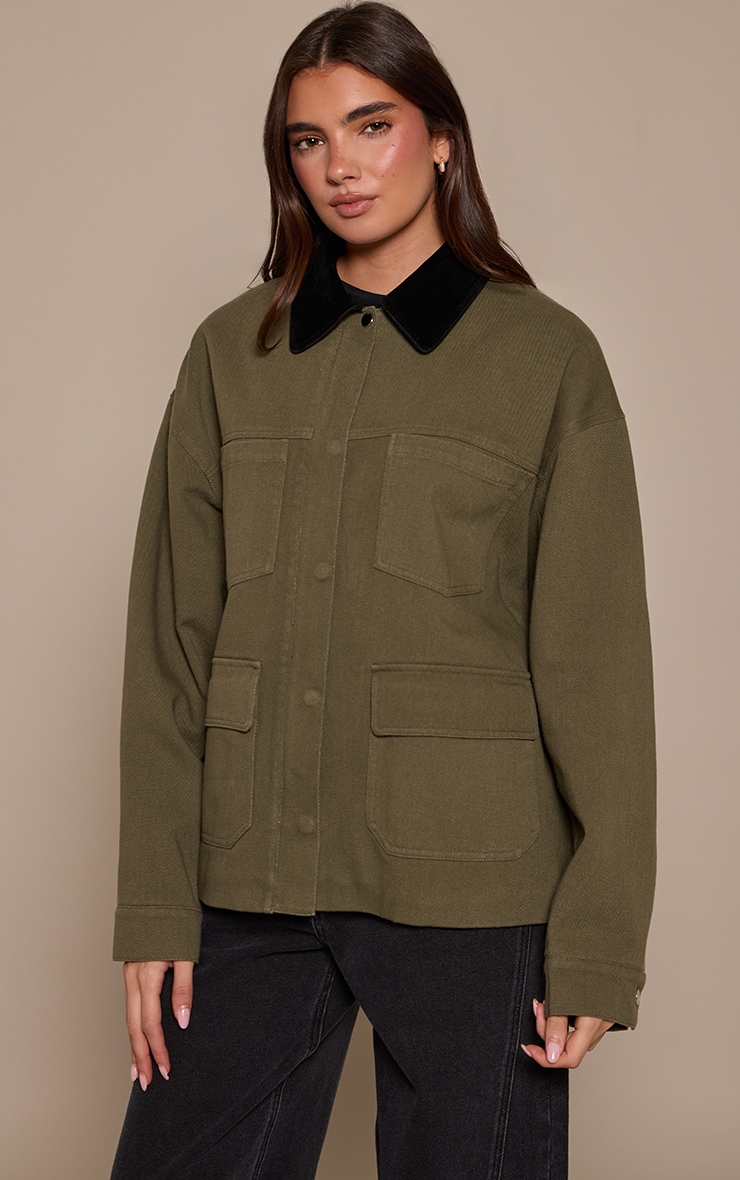 Khaki Faux Suede Contrast Collar Pocket Detail Jacket