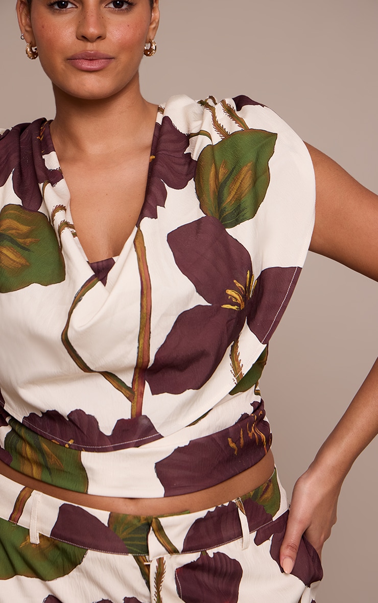 Plus Floral Print Woven Ruched Shoulder Cowl Neck Top  image 4