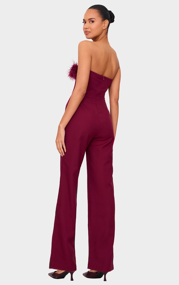 Burgundy Faux Fur Bandeau Straight Leg Jumpsuit image 2