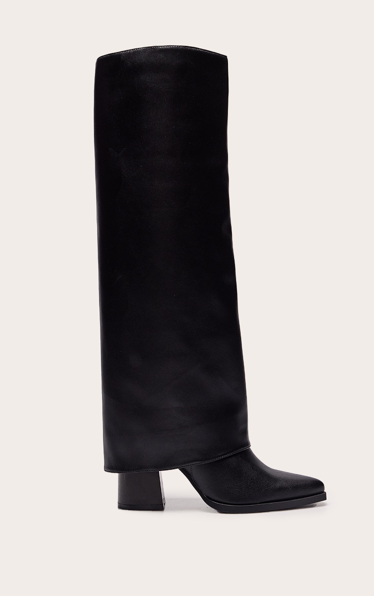 Black PU Fold Over Block Heel Boot image 2