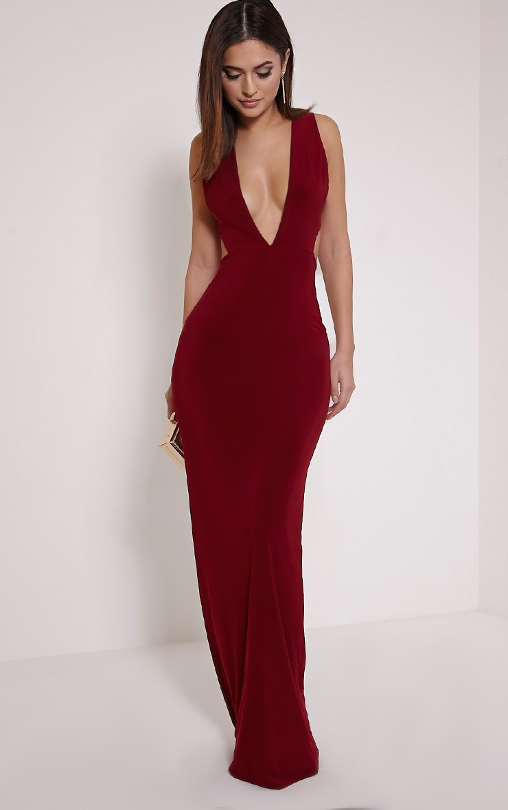 Mayah Burgundy Deep Plunge Tab Side Maxi Dress PrettyLittleThing