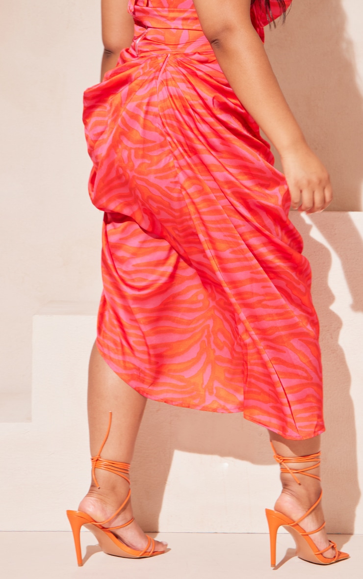 Plus Hot Pink Zebra Print Satin Ruched Side Drape Midi Skirt image 4