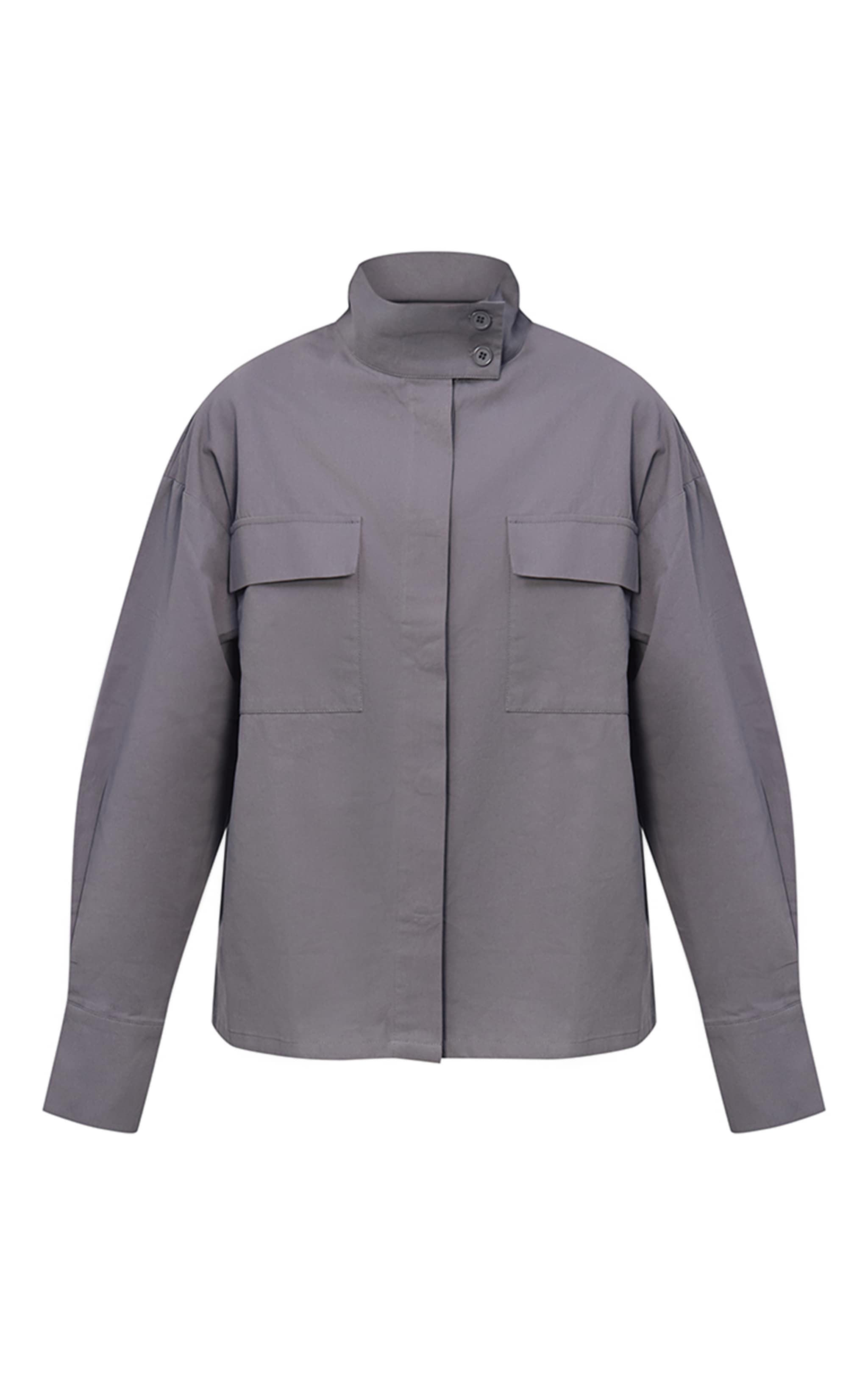 Grey Cotton Funnel Neck Boxy Shirt image 5