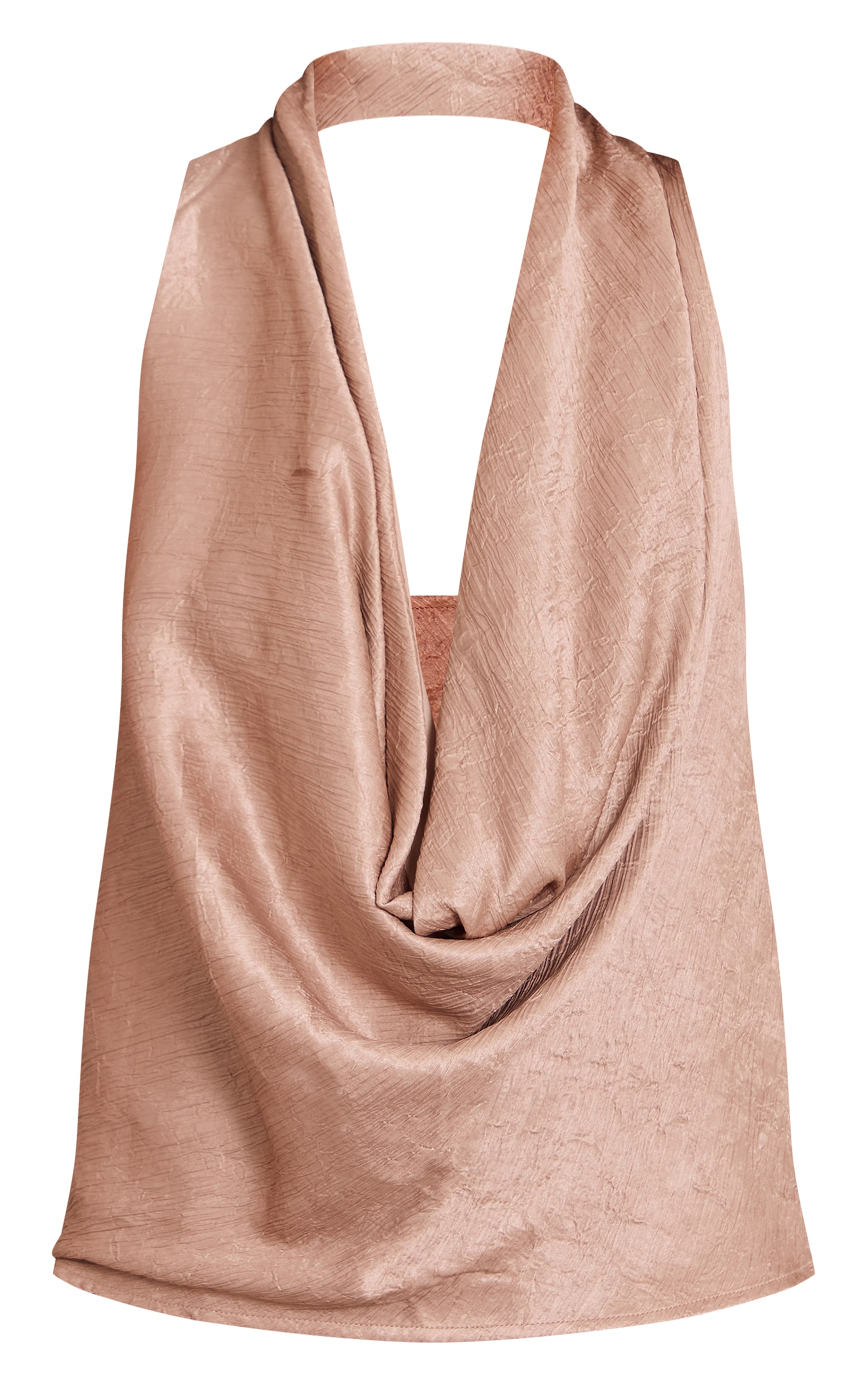 Mushroom Textured Satin Cowl Neck Detail Long Top image 5