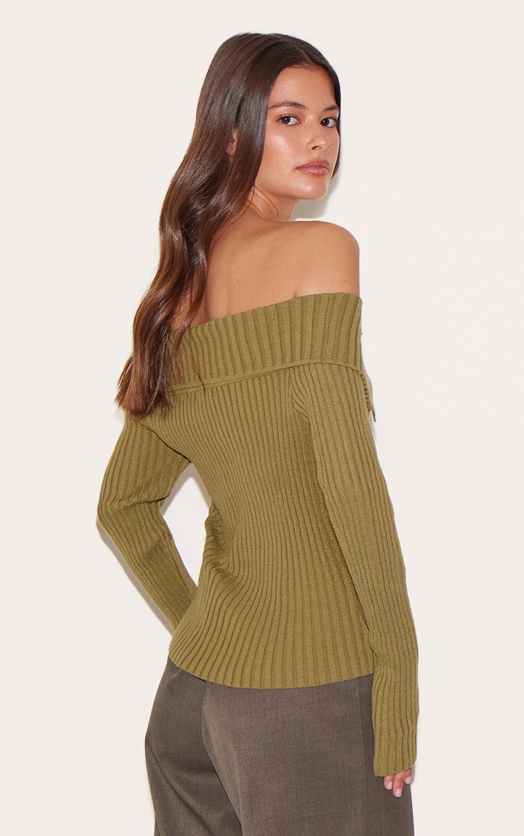 Olive Rib Knit Fold Over Button Up Top image 2