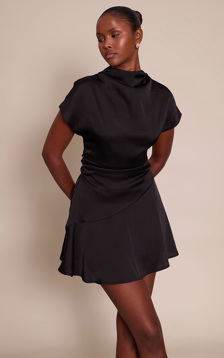 Black Satin Cap Sleeve Mini Dress