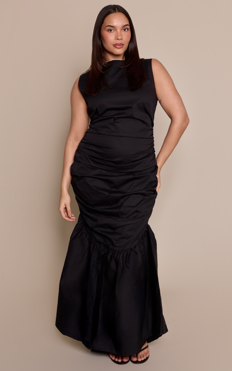 Plus Black Ruched Skater Hem Midaxi Dress