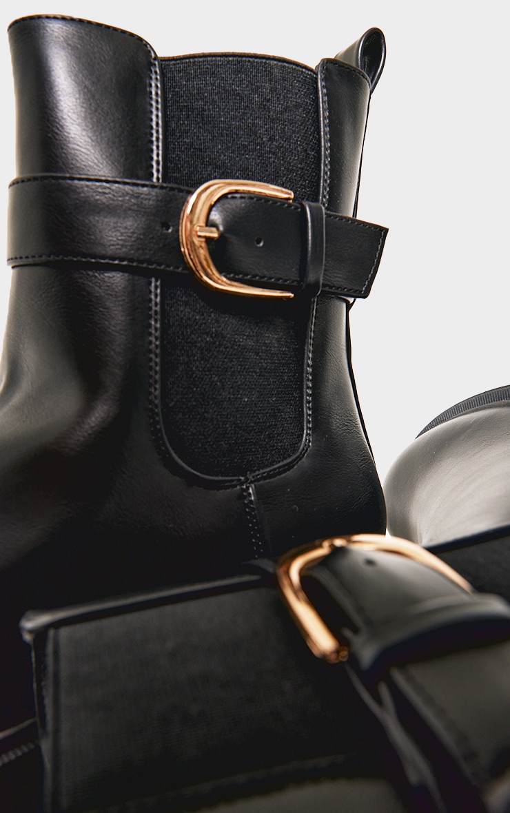 Black Round Toe Gold Buckle Chelsea Boots image 3