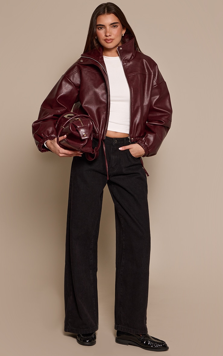 Burgundy PU Bubble Hem Funnel Neck Jacket image 3