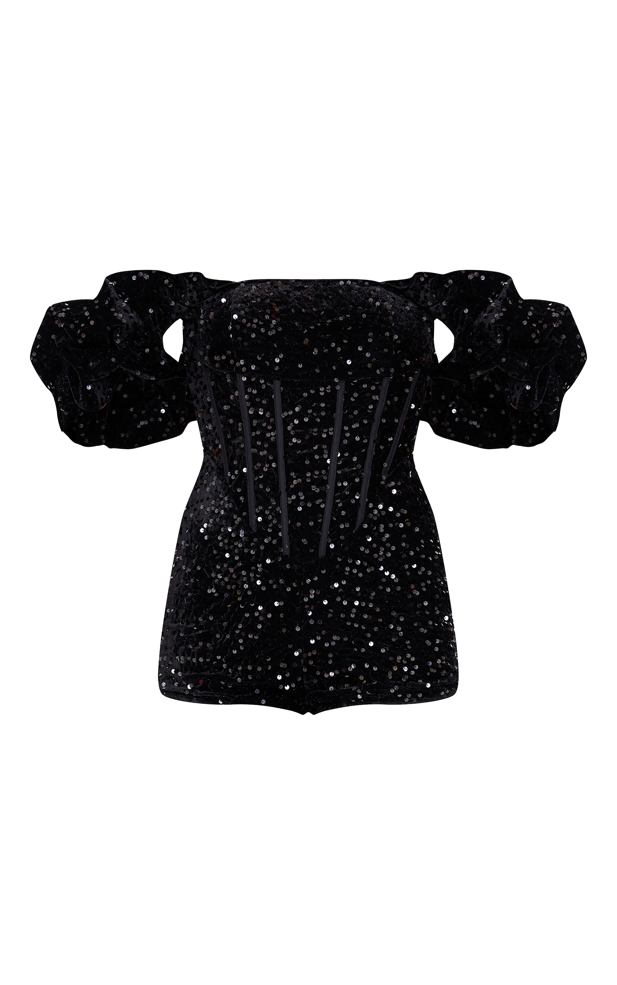 Black Velvet Sequin Puff Sleeve Playsuit image 5