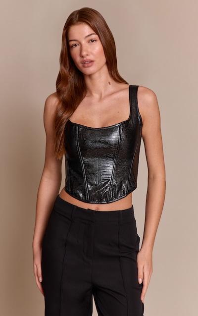 Black Faux Leather Scoop Neck Bonded Corset