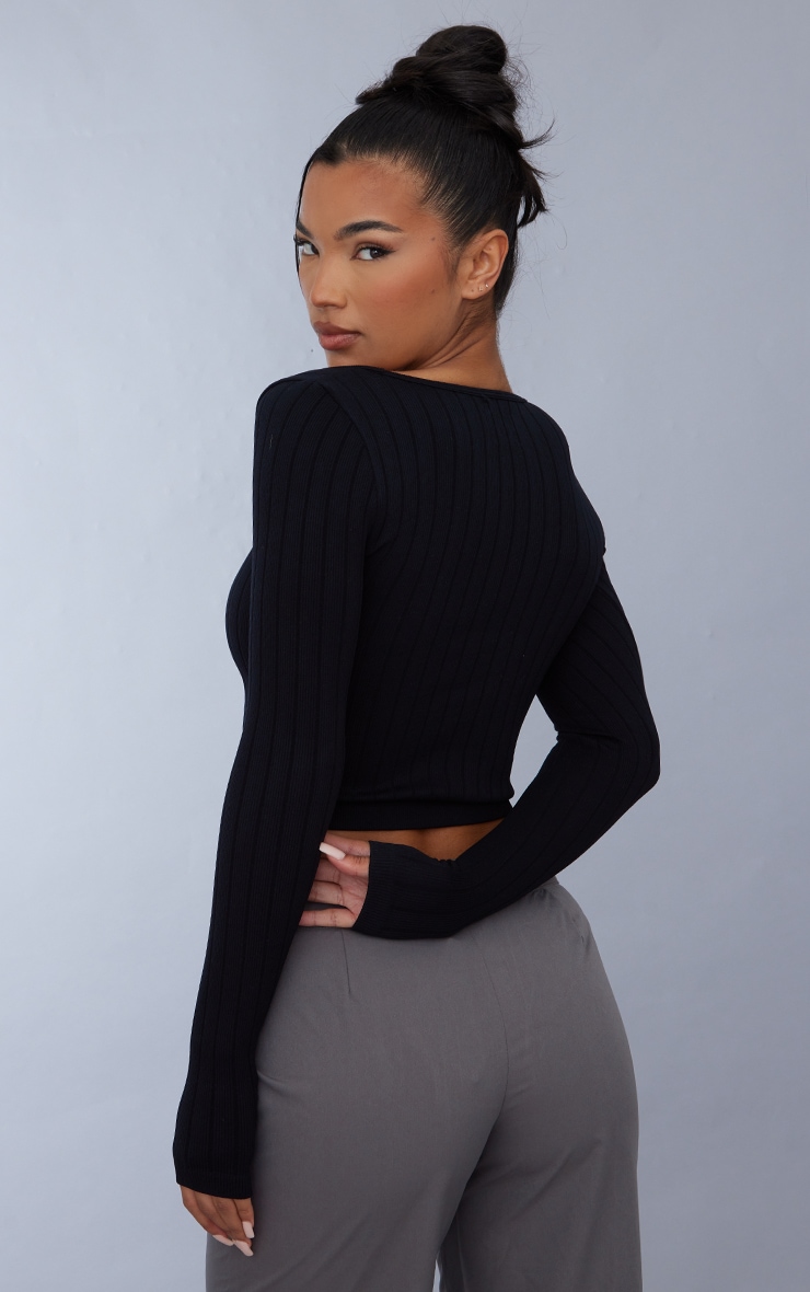 Black Wide Snatched Rib Square Necked Long Sleeve Crop Top image 2