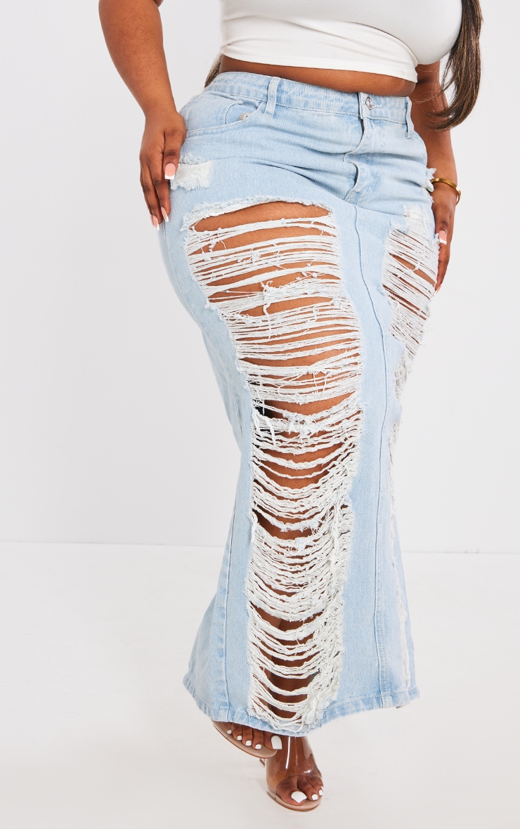 Plus Light Blue Wash Extreme Fraying Detail Denim Maxi Skirt image 2