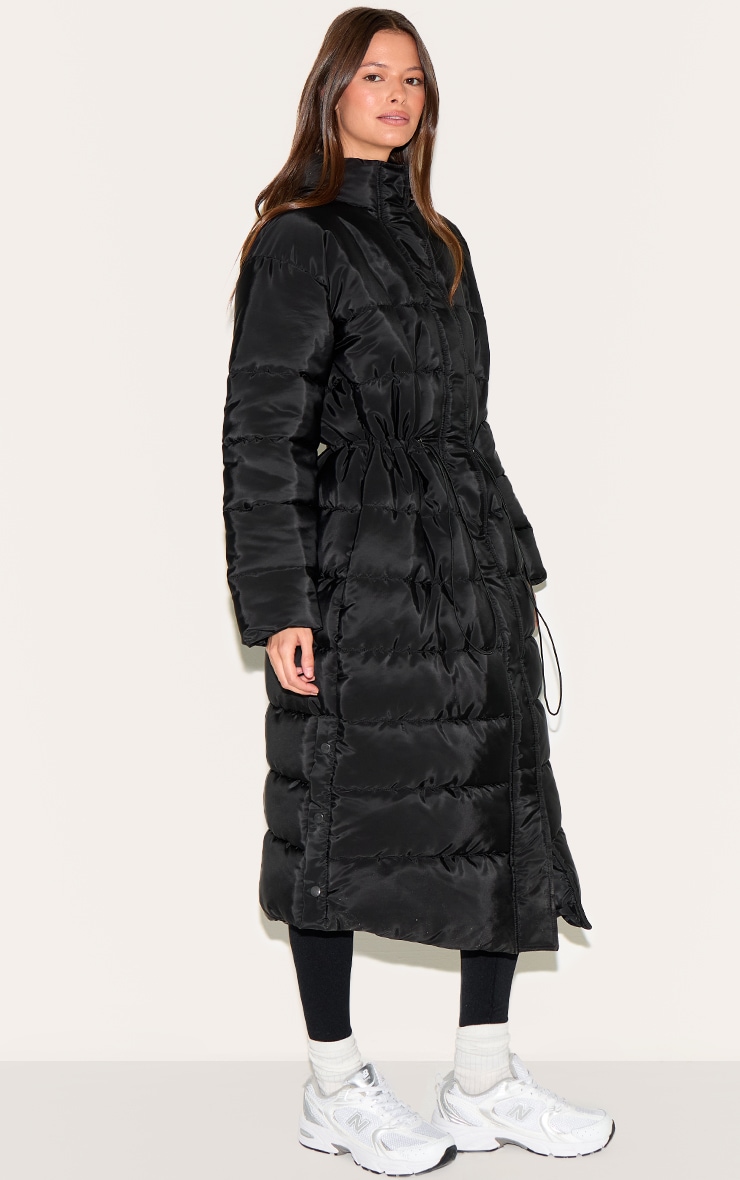 Black Maxi Cinched Waist Puffer Coat image 3