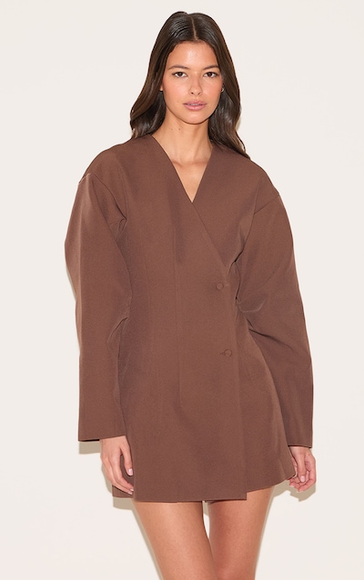 Robe blazer tissée marron clair à manches ballon