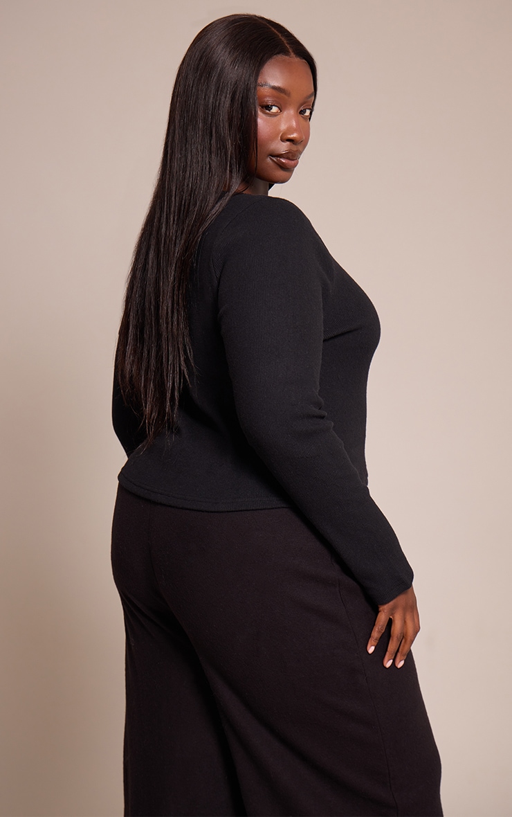 Plus Black Soft Touch Rib Boat Neck Long Sleeve Top image 2