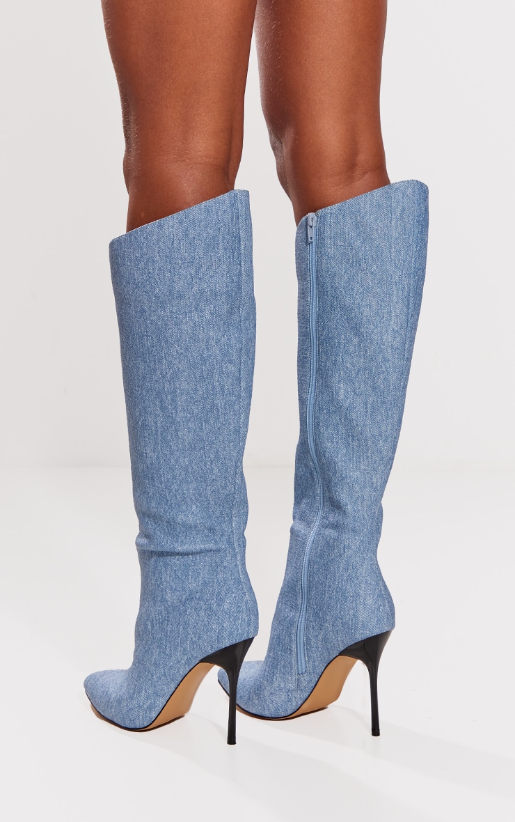 Blue Denim Look PU Point Toe Knee High Stiletto Boots image 4