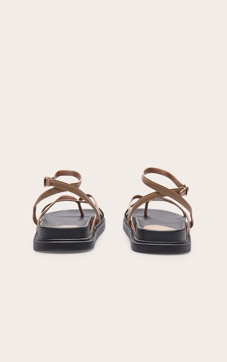 Beige Pu Round Toe Thong Footbed Ankle Strap Flat Sandals image 4