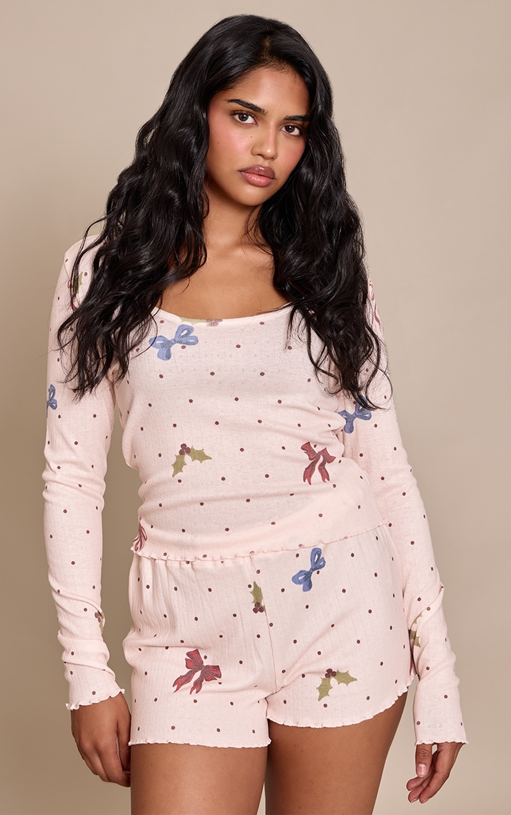 Petite Pink Christmas Bow Jersey Fitted Long Sleeve Top and Shorts PJ Set image 1