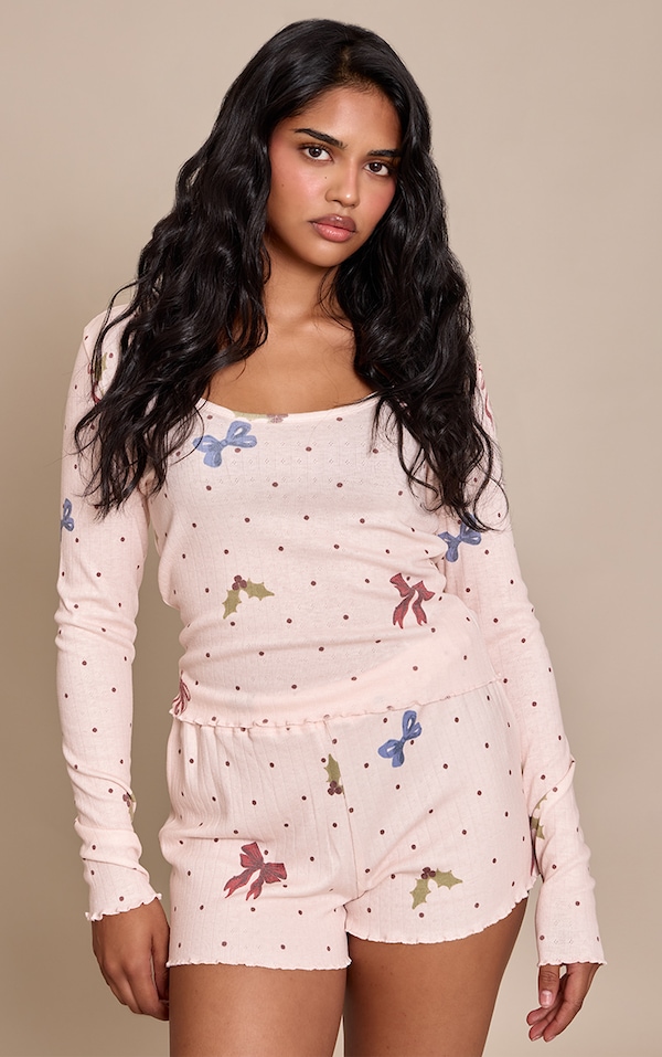 Petite Pink Christmas Bow Jersey Fitted Long Sleeve Top and Shorts PJ Set