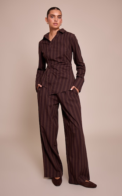 Dark Brown Woven Pinstriped Straight Leg Pant