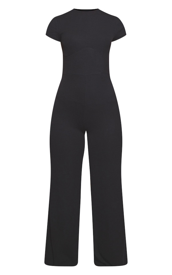 Black Ribbed Under Bust Seam Short Sleeve Jumpsuit PrettyLittleThing