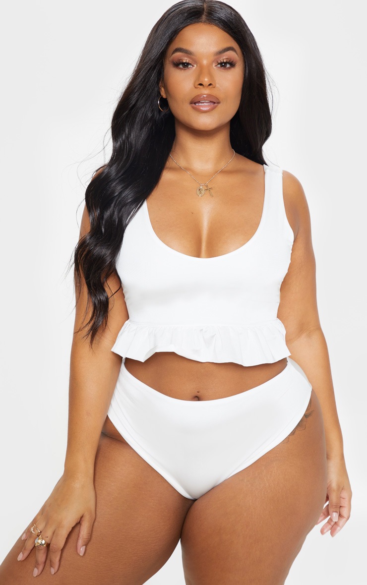 Plus White Frill Hem Bikini Top