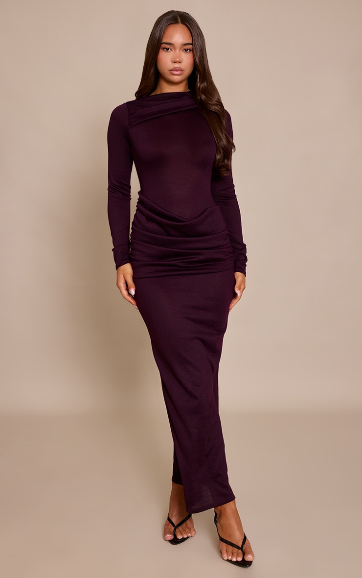 Wine Wrap Details Long Sleeve Maxi Dress