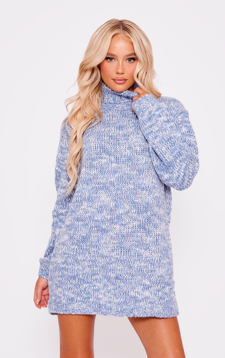  Blue Marl Chunky Knit Roll Neck Jumper Dress image 3