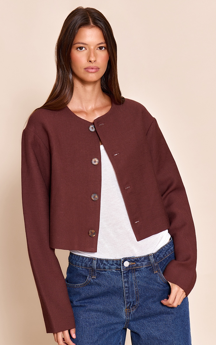 Chocolate Linen Look Boxy Button Up Jacket image 4