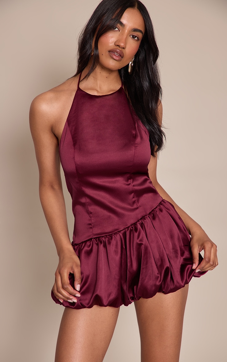 Plum Satin Halterneck Puff Ball Romper image 1