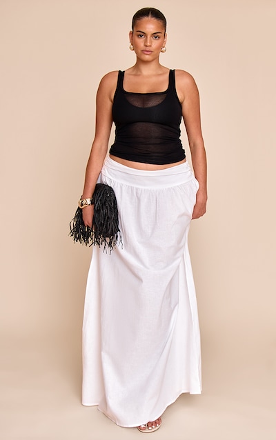 Plus White Cotton Ruched Waist Maxi Skirt