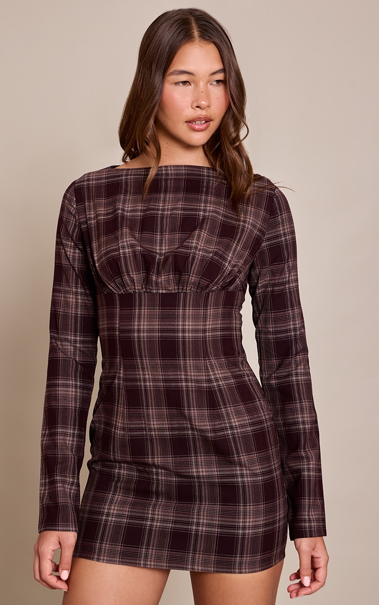 Brown Check Boat Neck Long Sleeve Bodycon Dress image 1