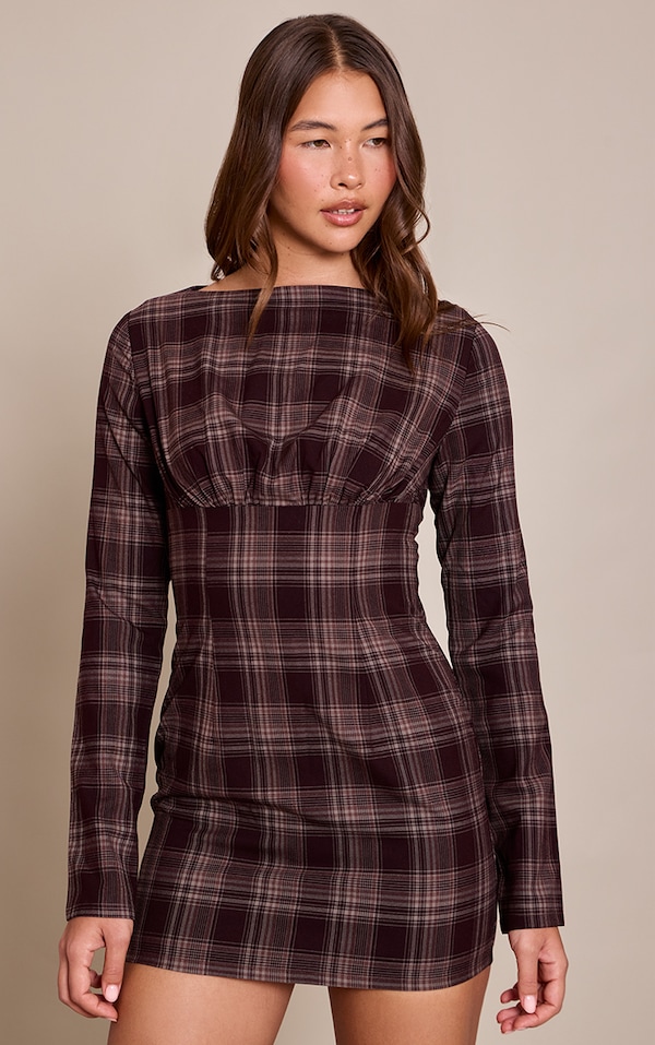 Brown Check Boat Neck Long Sleeve Bodycon Dress
