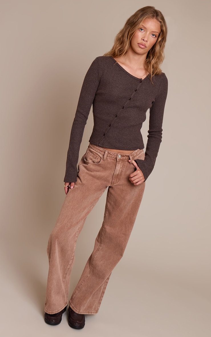 Chocolate Heavy Brushed Rib Asymmetric Button Long Top image 3